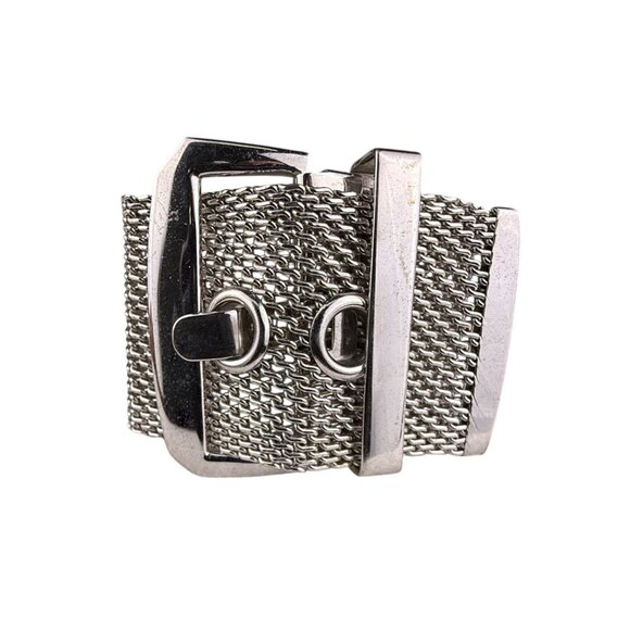 Wide Silver Tone Mesh Buckle Bracelet For Women Statement Cuff Retro Metalwork - Picture 2 of 4
